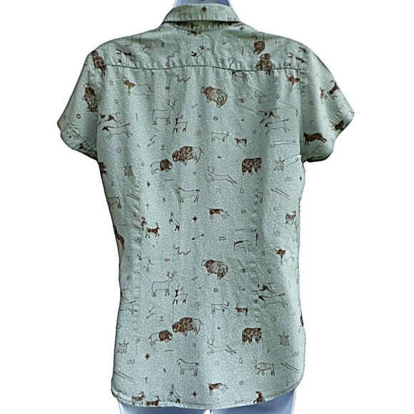 SiLK In God We Trust NYC Shirt Blouse Button Front Pale Green Cave Drawings USA - Picture 3 of 9